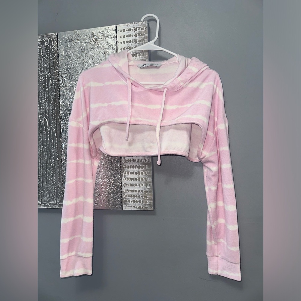 Zara Striped Pink & White Hooded Crop cutout sweatshirt